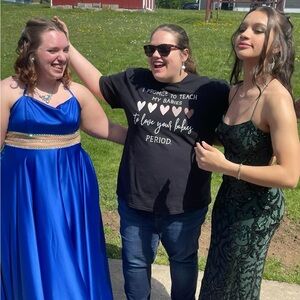 Elegant blue silk prom gown, size 16, worn once, bought for 500 dollars